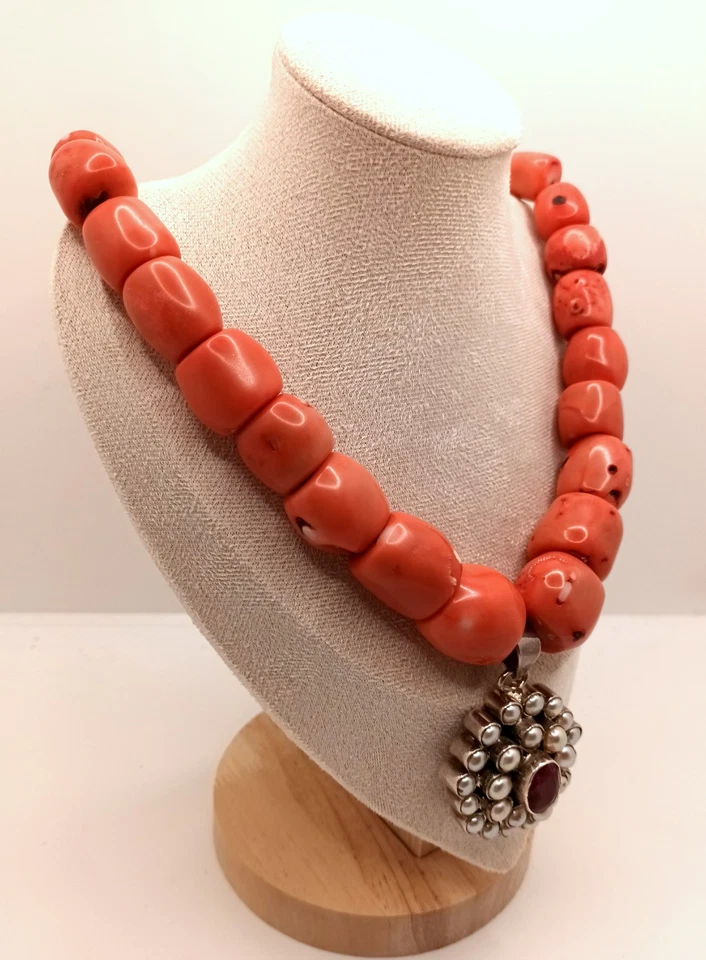 collana in corallo con pendente in argento 925 pietra e perline vintage anni 90 - Immagine 4 di 4