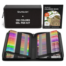 Shuttle Art Gel Pens, 130 Colors Gel Pen with 1 Coloring Book in Travel Case ...