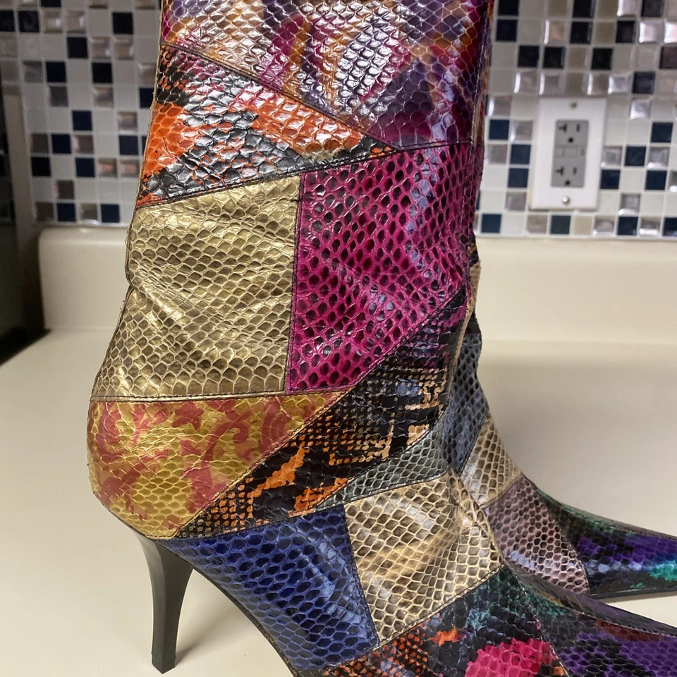 Beverly Feldman Vintage Y2K Colorido Patchwork Serpiente Botas Talla 6.5 Foto 2 de 4