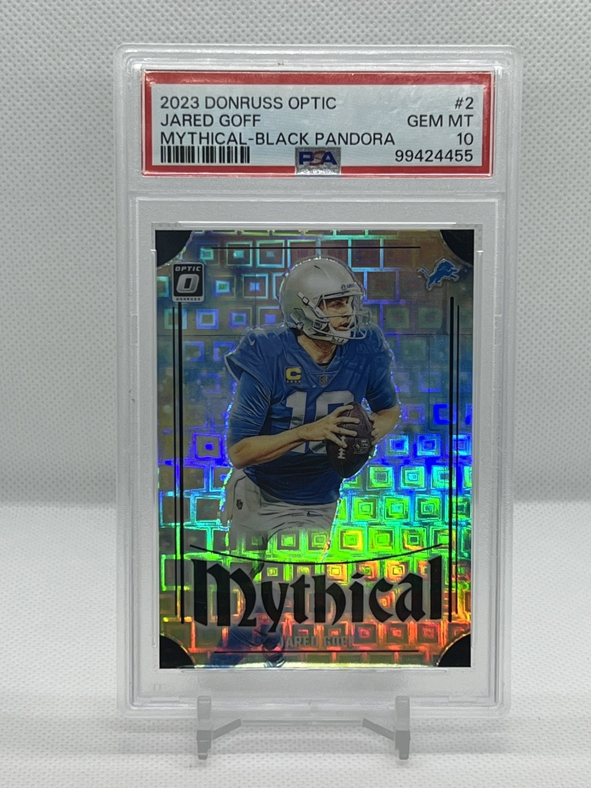 2023 Panini Donruss Optic Mythical Jared Goff #2 Black Pandora Prizm /25 PSA 10