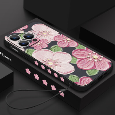 For iPhone 15 Pro Max 14 13 12 11 XR X 8 Flower Lanyard Silicone Soft Case Cover