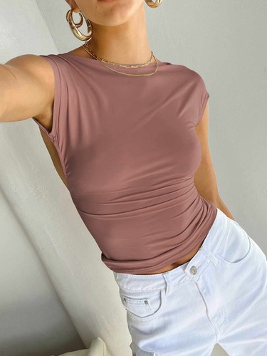Womens Backless Tops Open Back Shirts Summer Crop Tops Short Sleeve T-Shirt - Picture 49 of 54