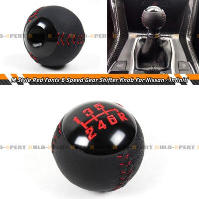 Black Leather & Red Stitch 6-Speed Round Shift Knob – Fits Nissan Infiniti Manual