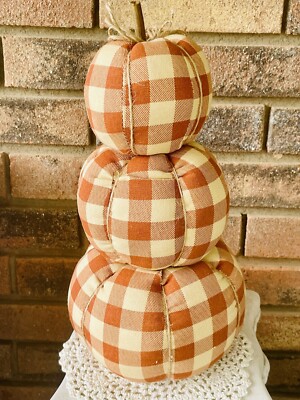 Orange Buffalo Check Stuffed Pumpkin Stack Fall Farmhouse Home Decor New