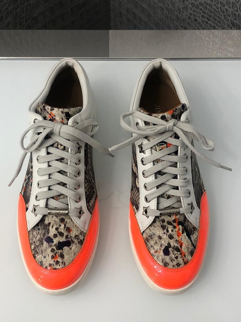 JIMMY CHOO Miami Low Top Sneakers Leather/Snakeskin/ Neon Size 38