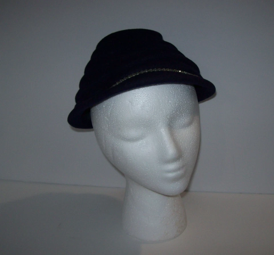 Sombrero Cloche de Lana Azul Marino Oscuro Vintage Para Mujer, Aleta Años 20, MERFELT MERRIMAC Foto 2 de 4