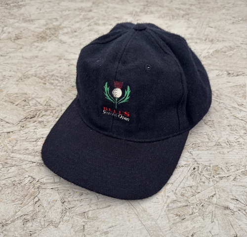 Vintage Bells Scottish Open Wool Baseball Cap Golf Hat One Size Navy Blue Vtg