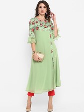 Indian Women Crepe Green  Pink Floral Printed A-Line Kurta Top Tunic New Dress