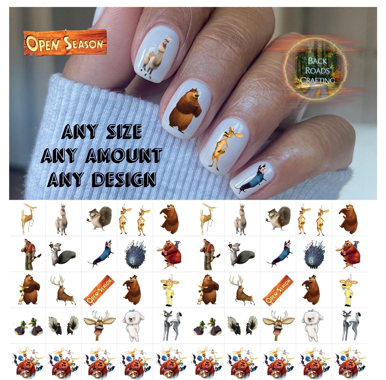Open Season Waterslide Nail Decals 50-Piece Set with Bonus Designs & Guide