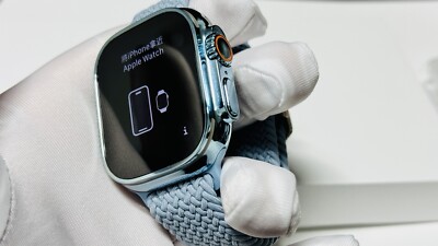 Sky Blue Apple Watch ULTRA 2 49mm Titanium Custom Polished Anodized Blue Fabric