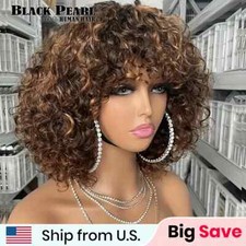 Glueless Human Hair Wig With Bangs Highlight Brown Curly Short Bob Wig Remy Hair