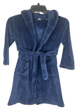 Lands' End Unisex Kid's Bathrobe Hooded Robe Fleece Soft Navy Blue Size 6