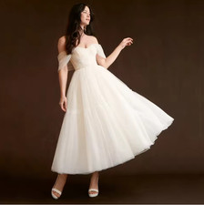 Tulle Midi Bride Wedding Dresses Off The Shoulder Ankle Length Bridal Gowns