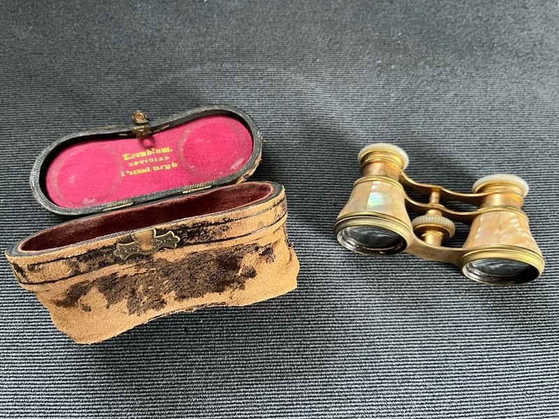 Vintage 19th Century French Mother of Pearl & Brass Opera Glasses w/Original Cas