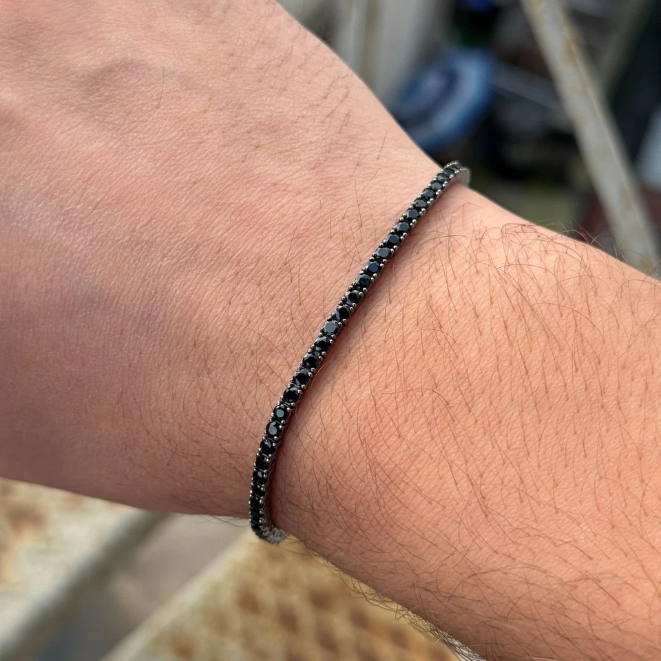 Silver Black Zircon Gemstone Tennis Unisex Black Stone Bracelet - Image 2 of 4