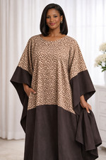 African Kaftan Maxi Dress Women's Mocha Brown Gingerbread Print Boubou Loose Fit