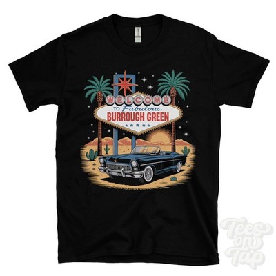Lustiges T-SHIRT BURROUGH GRÜN LAS VEGAS ZEICHEN PARODIE Suffolk Newmarket England