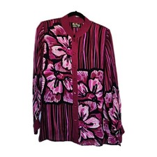 Vtg Bob Mackie Wearable Art Silk Fuchsia Striped Floral Tropical Blouse M