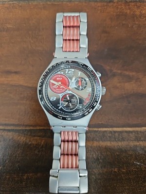 Vtg 90's Swatch Irony Chrono Aluminum Watch Gray Red Dial Swiss YCS Quartz Works
