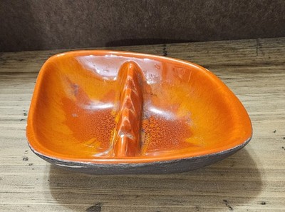 Midcentury Modern Ceramic Ashtray. Glossy Orange And Matte Brown.