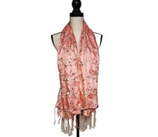 Pink Floral Embroidered Tasseled Shiny Scarf Shawl Wrap Fairy Cottage Romantic