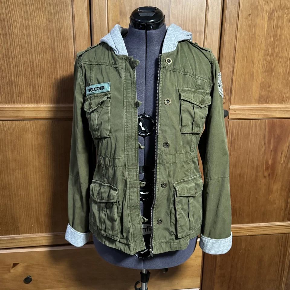 Volcom Army Green Military Utility Jacket Gray Hoodie  Juniors Large 2014 Era - Image 2 of 4