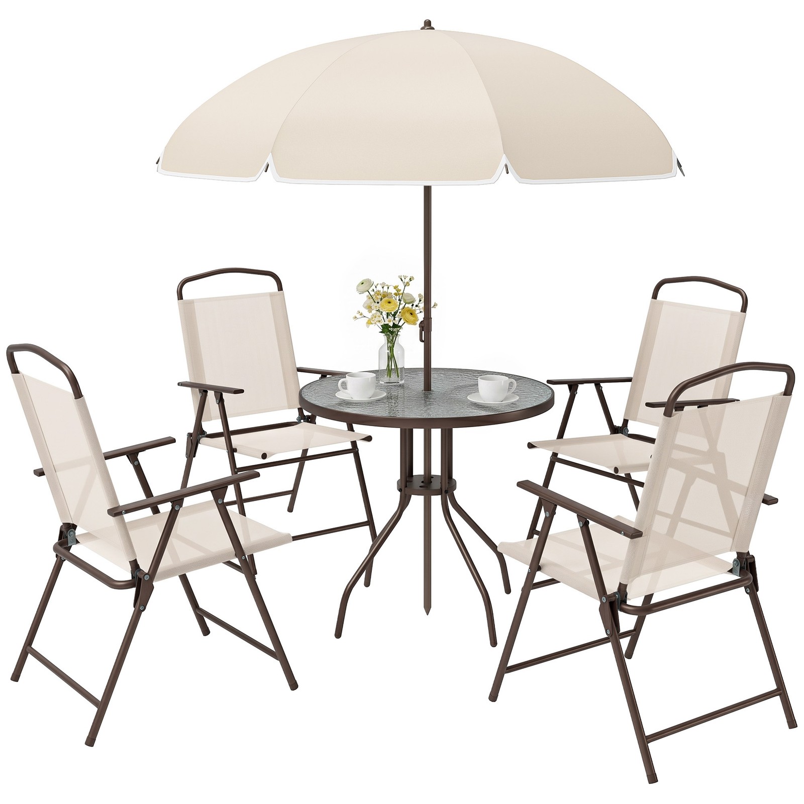 Outsunny Set Mobili da Giardino 6 Pezzi con Tavolo 4 Sedie e Ombrellone, Crema