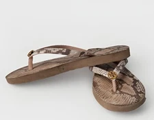 TORY BURCH Flip Flops Girls 4 Tan Snake Print Rubber Golden Tone Medallion Thin
