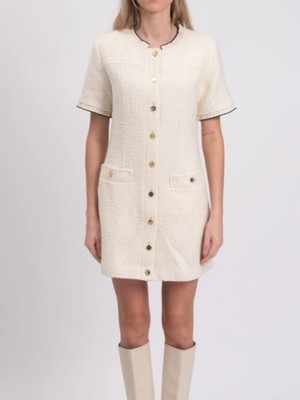 SANDRO PARIS - NWT - Cream Tweed Mini Button-Front Short Sleeve Dress In Beige
