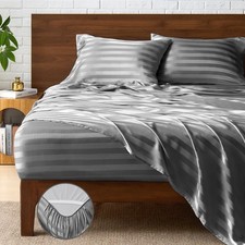 Jacquard Striped Satin Sheet Queen Size, Dark Grey, 4 Pieces