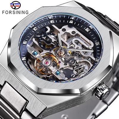 Forsining Mechanical Automatic Watch 3D Diamond Skeleton Hollow Mens Luminous   