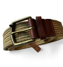 Polo Ralph Lauren Woven Braided Belt Tan Brass Buckle Stretch Leather Accents M