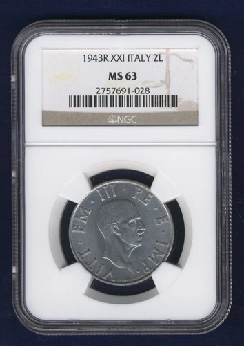 ITALY KINGDOM 1943-R YR.XXI  2 LIRE CHOICE UNCIRCULATED COIN, NGC CERTIFIED MS63