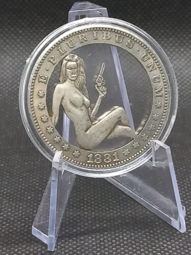 Hobo Cut Coin Sexy Woman Gun Western Texas Vintage Fantasy American Art Dollar - Picture 4 of 8