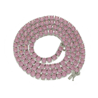 Unisex 4 Prong 4MM Tennis Chain Necklace Silver Finish Pink Lab Diamonds 16-24''