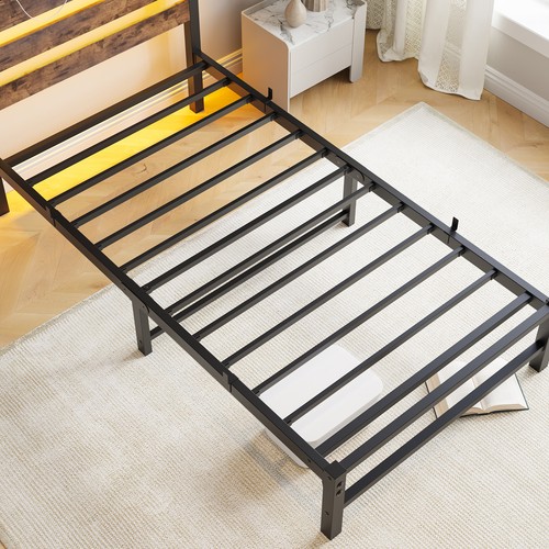 Metal Twin Size Bed Frame with LED/Headboard /USB Charging Station Slatted Brown - Picture 10 of 14