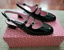 NWB Carel Paris Black Patent Leather Peche Slingback Mary Jane Shoes EU 37 US 7