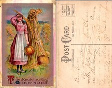 Girl Holding Hat by Cornstalks Thanksgiving Greetings Postcard