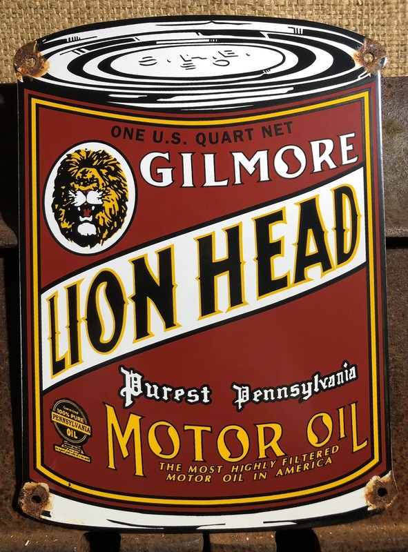 VINTAGE GILMORE LION HEAD MOTOR OIL CAN PUREST PENNSYLVANIA PORCELAIN SIGN