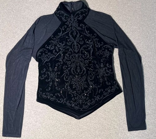 Vtg Formal Top Women’s Size Large Black Floral Beaded Detail Sheer Sleeve