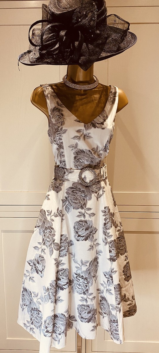 Phase Eight UK Grey/Ivory Floral Print Fit Flare Sleeveless Occasion  Dress