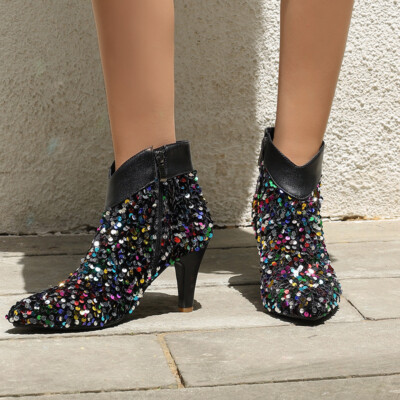 New Pointed Toe High Heels Women's Shoes Glitter Zip Ankle New Pointed Toe High Heels Women's Shoes Glitter Zip Ankle