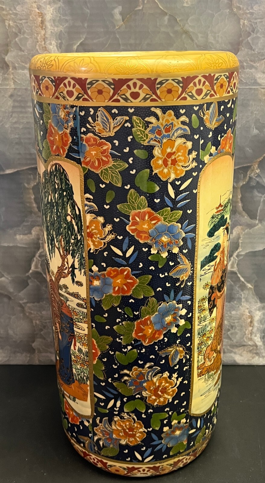 VINTAGE SATSUMA HAND PAINTED MORIAGE 18” GEISHAS FLORAL UMBRELLA CANE STAND VASE