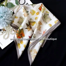 Sallys 100% Silk Scarf Bandanna Leaves Print Square Necktie Hairband 53cm