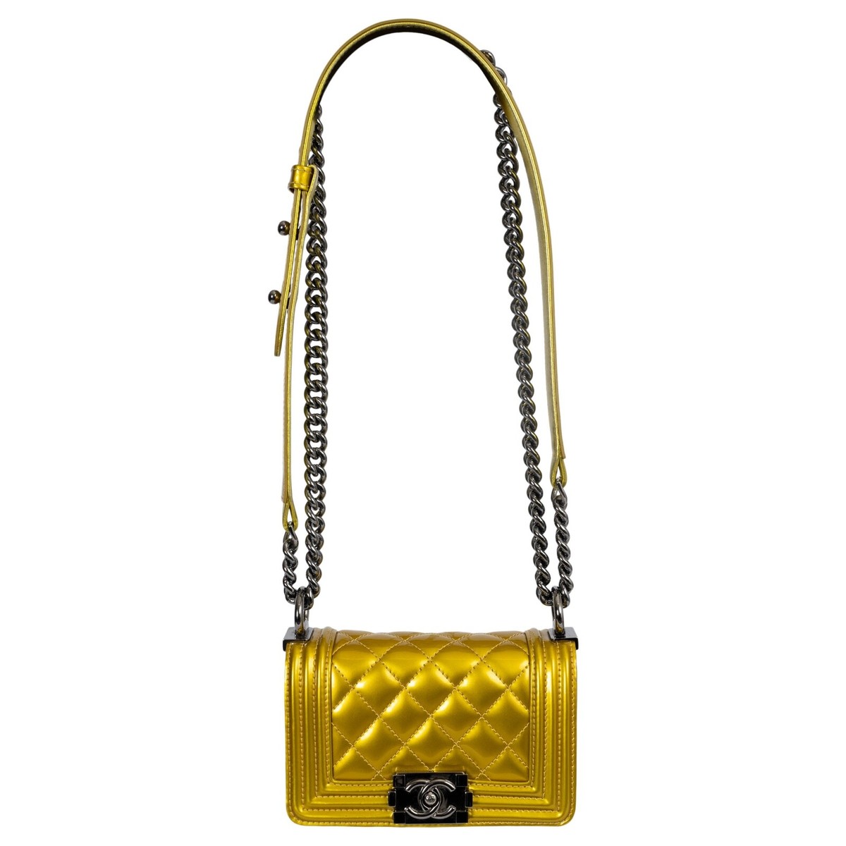 70507 auth CHANEL metallic yellow patent leather 2014 14S