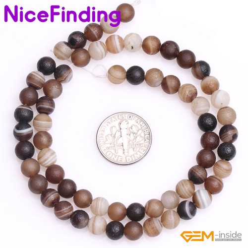 Natural Round Frost Matte Stripe Agate Onyx Stone Beads For Jewellery Making - Picture 4 of 25