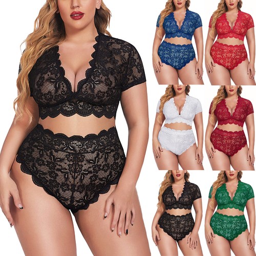 Lencería sexy talla grande cuello en V cintura alta floral encaje cruzado y pantillas - Imagen 14 de 42