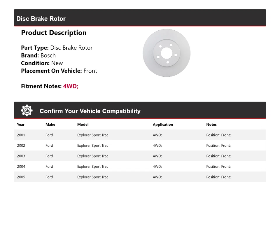 For 2001-2005 Ford Explorer Sport Trac 4WD Bosch Disc Brake Rotor Front 2002 - Image 2 of 4