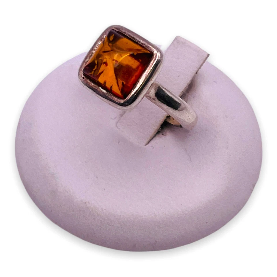 Anillo cuadrado de plata de ley 925 vintage ámbar báltico natural talla 6 Foto 4 de 4