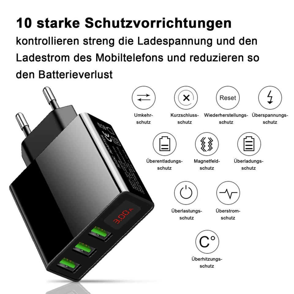 EAXUS® Universal USB Adapter Netzteil 3-fach Port 5V Schnell-Ladegerät Display - Bild 2 von 4